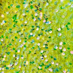 Clear Iridescent Sequins on Two Way Stretch Yellow Velvet Fabric, 5mm Shiny Sequins, 54&quot; Wide, Costume, Dance Wear, Decoration, Backdrop