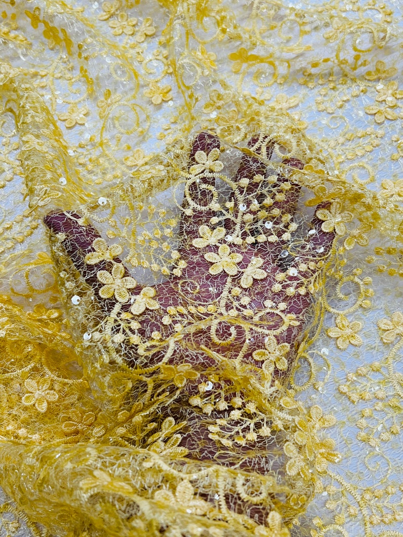 Yellow Floral Crochet Sequin Lace Fabric by the Yard 52 Etsy