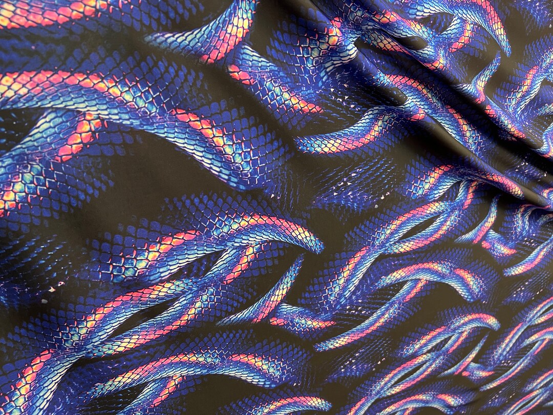 Blue Python Snake Print on Four Way Stretch Nylon Spandex Fabric by the ...