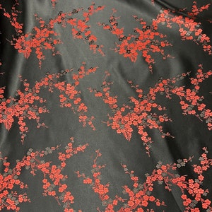 Black & Red Cherry Blossom Chinese Design Embroidered Brocade Fabric by the Yard, 45&#39;&#39; Wide, Oriental Pattern