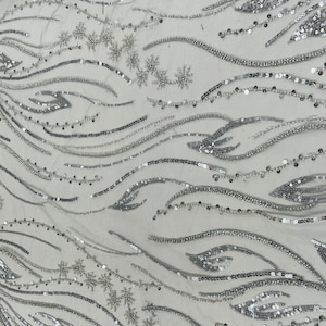 Silver Heavy Hand Beaded Couture Lace on Two Way Stretch Mesh Fabric by The Yard, 52&#39;&#39; Wide