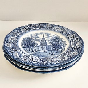Vintage Staffordshire Liberty Blue Independence Hall Dinner Plates Set of 4
