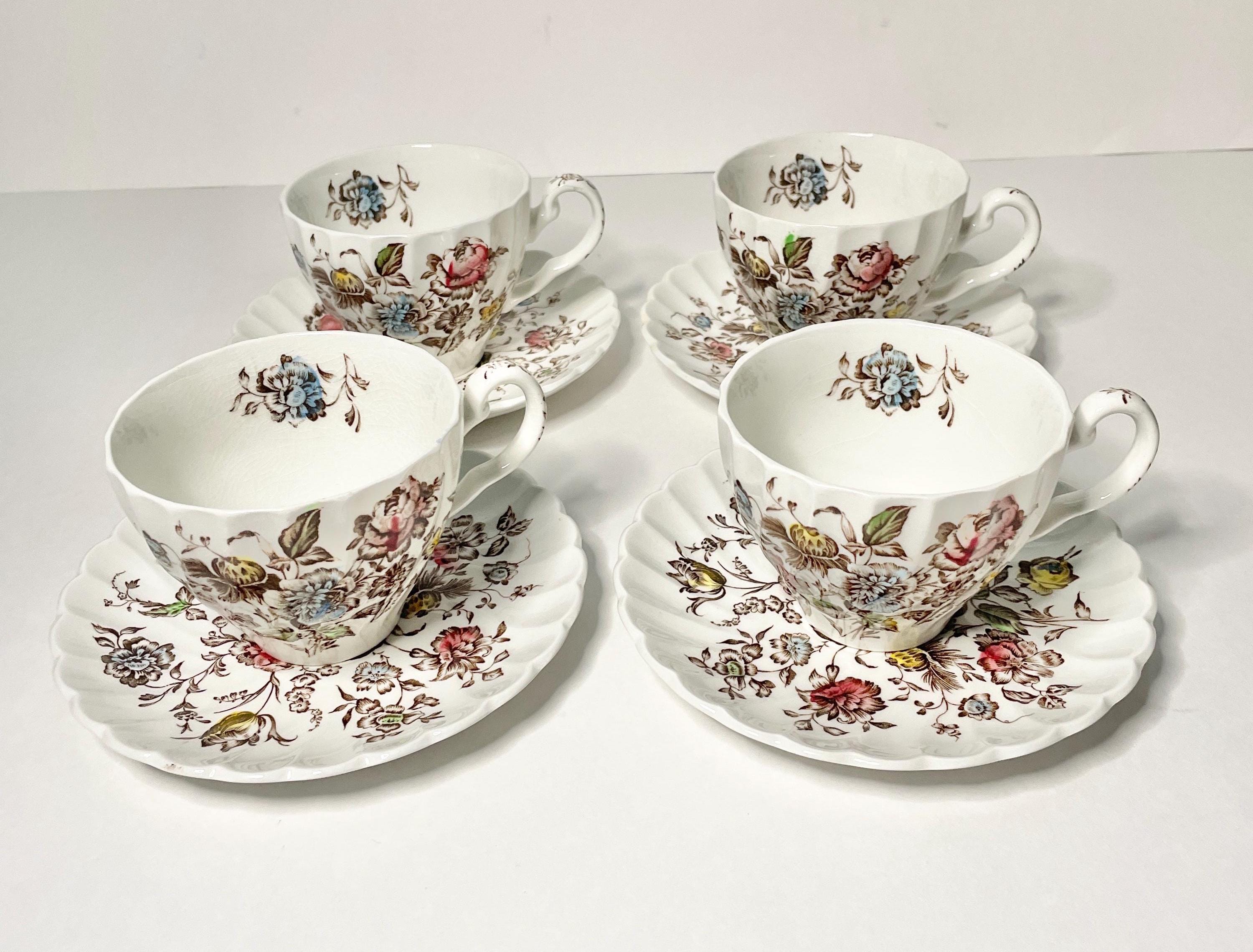 Vintage Johnson Brothers Staffordshire Bouquet Brown Multicolor Flat Cups And Saucers Set of 4