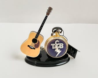 Vintage Franklin Mint Elvis Presley Collectors Pocket Watch With Chain And Guitar Display Stand 2000 Needs Battery