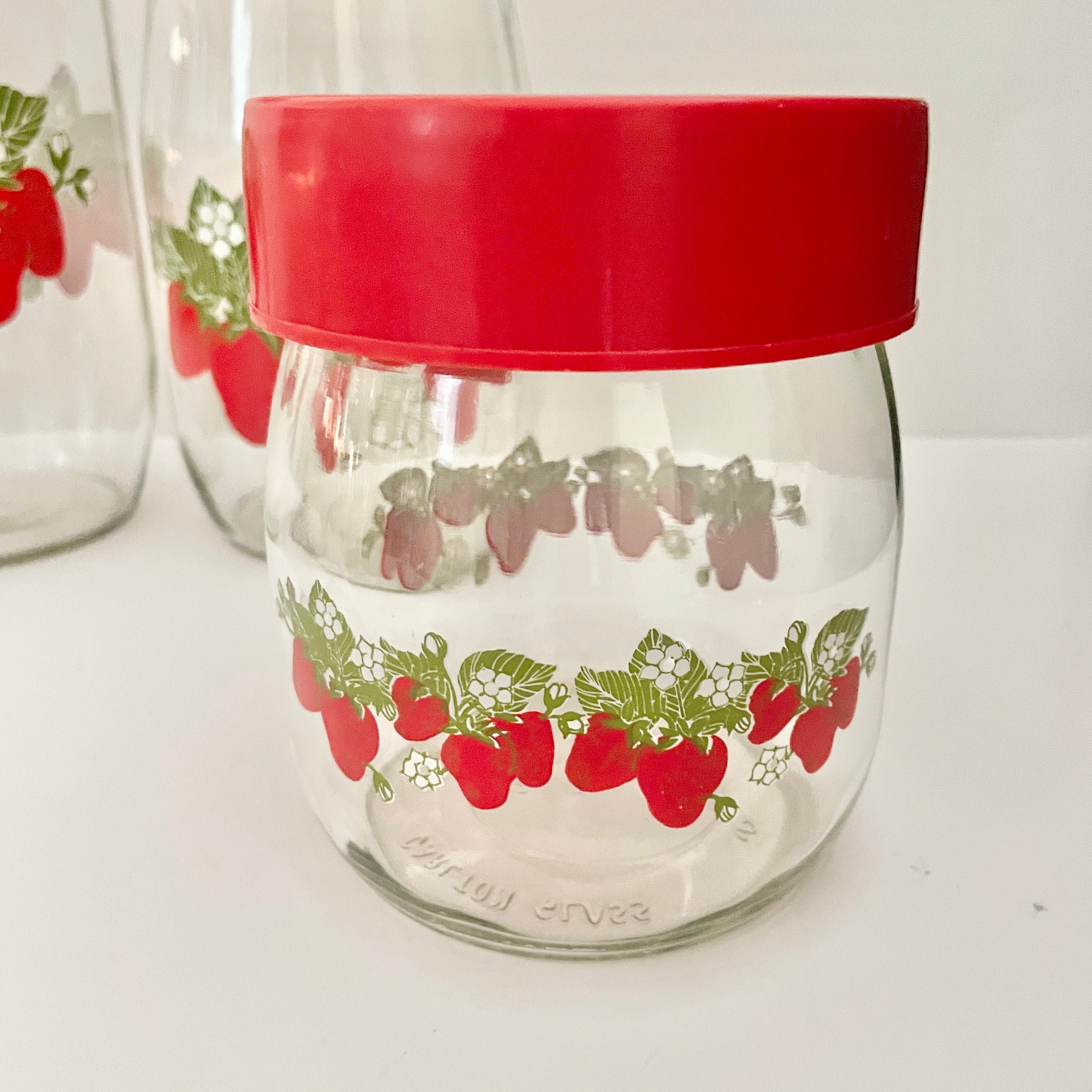ががが Vintage Carlton Glass Strawberries Canisters Jars With Red Plastic