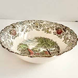 Vintage Johnson Brothers Mill Stream Brown Multicolor 8&quot; Tigela Redonda para Servir Vegetais