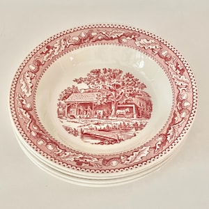 Vintage Royal China Memory Lane Pink Transferware Ironstone Rim Soup Bowls Set of 4