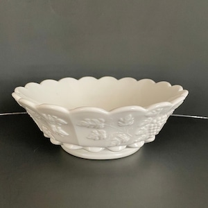 Vintage Westmoreland Paneled Grape Milk Glass Scalloped Rim Belled Bowl