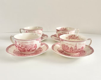 Vintage Johnson Brothers Old Britain Castles Pink Footed Cup and Saucer Set Crown Made in England Backstamp