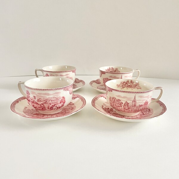 Vintage Johnson Brothers Old Britain Castles Pink Footed Cup and Saucer Set Crown Made in England Backstamp