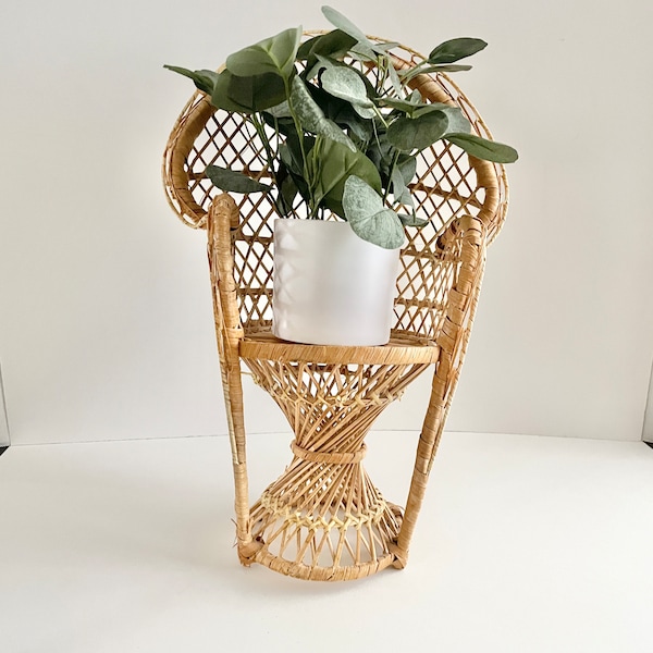 Vintage Rattan Wicker Peacock Doll Chair Plant Stand (Plant Not Included)