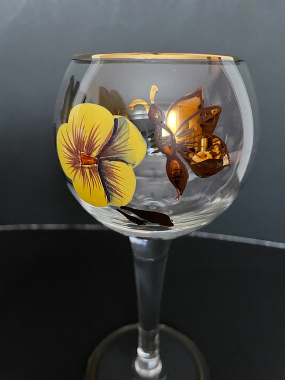 Vintage Handpainted Wine Glass Butterly Pansy Flower Romanian Boho