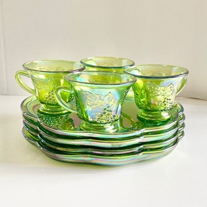 Vintage Indiana Glass Iridescent Lime Carnival Glass 8 Piece Harvest Snack Set In Original Box