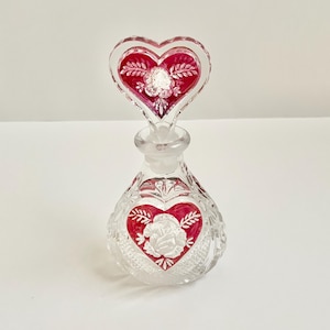 Vintage Enesco Genuine Lead Crystal Perfume Bottle And Stopper With Cut Roses And Ruby Flashed Heart Design