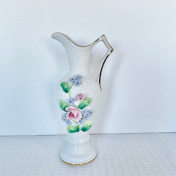White Porcelain Vase With Raised Flowers Etsy