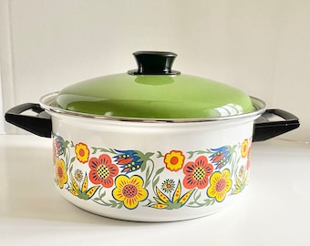 Vintage MCM Floral Enamel Dutch Oven With Lid