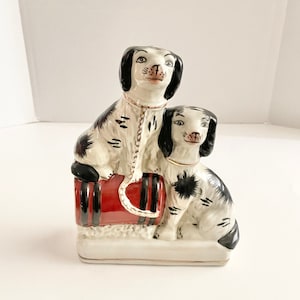 Vintage Reproduction Staffordshire Pair Of Spaniel Dogs On Barrel
