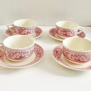 Vintage Royal China Memory Lane Pink Transferware Ironstone Flat Cups and Saucers Set of 4