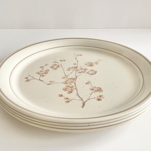 Puede incluir: Un juego de cuatro platos de cena de cerámica blanca con un diseño floral marrón. Los platos tienen un borde elevado y una textura sutilmente moteada.