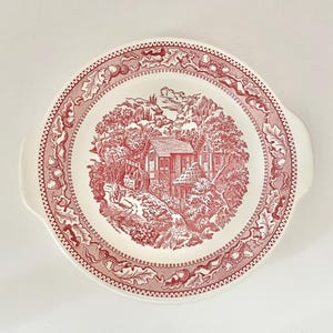 Vintage Royal China Memory Lane Pink Transferware Ironstone Handled Cake Plate