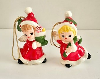 Vintage Christmas Red Dress Angels Christmas Ornaments Set of 2