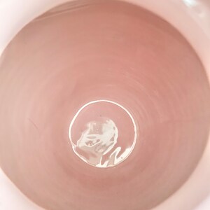 May include: A close-up view of the inside of a pale pink ceramic planter. The planter has a smooth, glossy finish and a circular opening at the bottom.