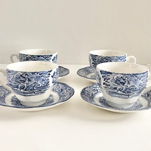 Vintage Staffordshire Liberty Blue Old North Church Paul Revere Flat Cups And Saucers Set of 4