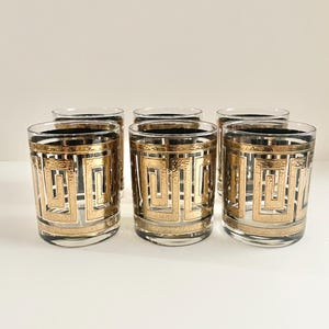 Vintage Culver Greek Key Gold & Black Double Old Fashioned Glasses Set of 6