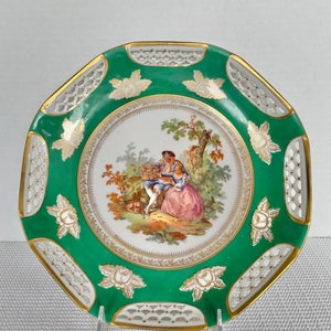 Vintage Schwarzenhammer Bavaria Germany Pierced Porcelain Green and Gold Octagon Plate with Courting Couple