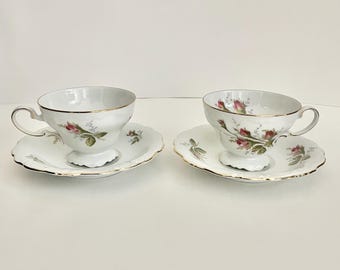 Vintage Johann Haviland JOH152 Pompadour Pink Rosebud Footed Cups And Saucers Set of 2