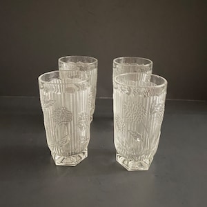 Vintage Jeannette Chrysanthemum & Herringbone 9 Oz. Flat Tumblers Set of 4