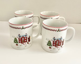 Vintage 1988 kerstmokken kerstman en ganzen set van 4