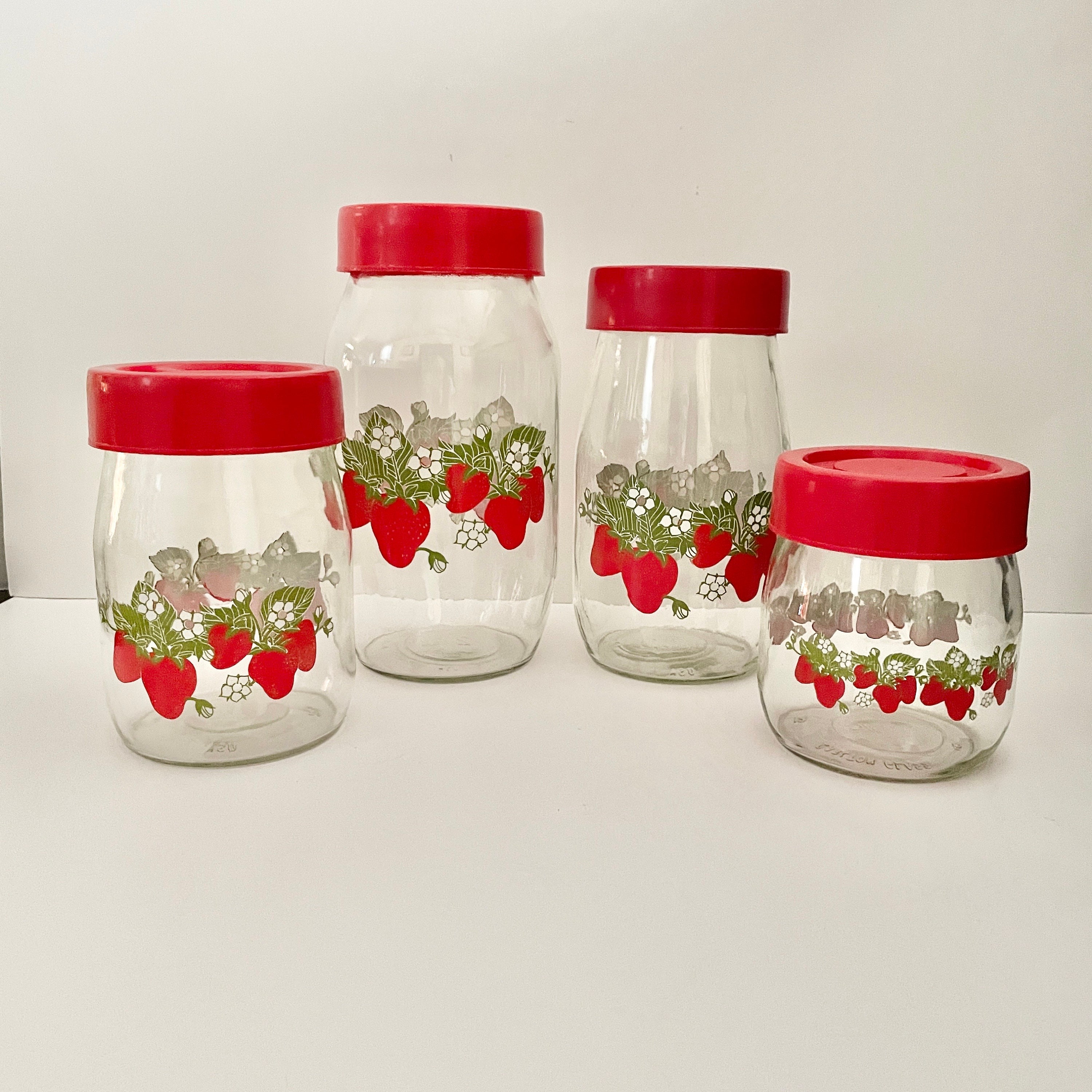 Vintage Carlton Glass Strawberries Canisters Jars With Red Plastic