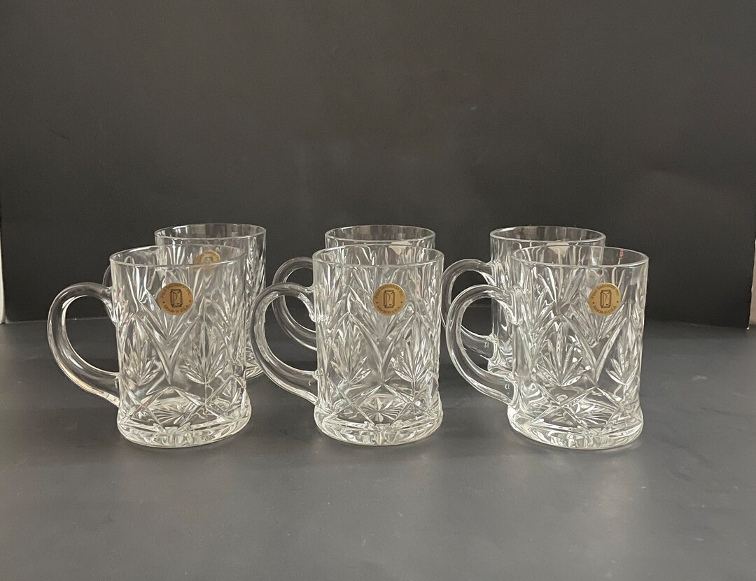 Vintage Paul Sebastian Criss Cross Fan Tempered Glass Mugs Set of 6 in