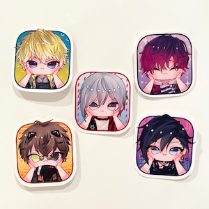 May include: Five square stickers featuring anime-style characters with different hair colors and expressions. Each character is holding their face with their hands. The stickers have colorful backgrounds and white borders.
