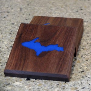 Upper Peninsula Michigan Coasters – Walnut Wood with Blue Epoxy Inlay (Set of 4) | Handmade Rustic Drink Coasters
