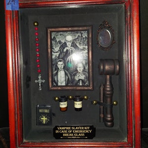 Vampire Slayer Hunter Kit. ,  Vampire. Shadow Box, Dracula Memorabilia, Crucifix, Rosary, Oddities and Curiosities, Goth Decor