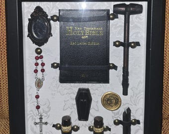 Vampire Slayer Hunter Kit Holy Bible,  Vampire. Shadow Box, Dracula Memorabilia, Crucifix, Rosary, Oddities  Curiosities, Goth Decor Buffy
