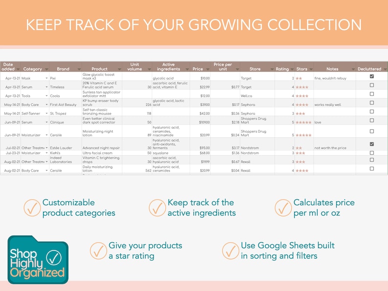 Skincare Collection Tracker: Google Sheets Inventory Spreadsheet ...