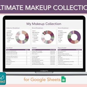 May include: A screenshot of a Google Sheet spreadsheet titled "My Makeup Collection". The spreadsheet contains data about a makeup collection, including brand breakdown, store breakdown, top-rated products, newest products, and repurchased products. The spreadsheet is organised into tables and charts.