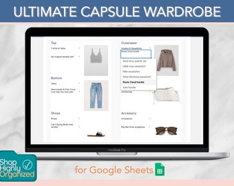 Ultimate Capsule Guardaroba per Fogli Google / Negozio altamente organizzato / armadio virtuale, tracker di abbigliamento, creazione di abiti, modello di foglio di calcolo