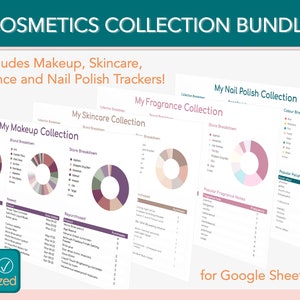 Puede incluir: Una colección de cuatro plantillas de Google Sheets para hacer un seguimiento de los cosméticos. Las plantillas son para maquillaje, cuidado de la piel, fragancias y esmalte de uñas. Cada plantilla incluye un gráfico circular y una lista de artículos. Las plantillas están diseñadas para Google Sheets y están disponibles para descargar.