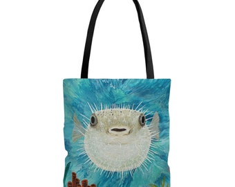 Blowfish Tote Bag, sea animals, ocean lover gift, puffer fish decor, reusable grocery bag