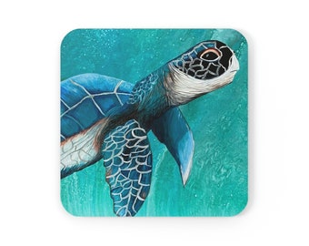 Sea Turtle Gift, original art, beach house coaster, sea turtle lover, gift for her, Sea Turtle Coaster