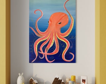 Octopus canvas painting, wall hanging, Children's Room Ocean Theme Painting, Fun wall art