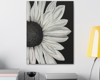 Sunflower Black and White Flower Painting Print Canvas Gallery Wrap, Floral Art