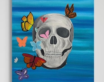 Skull Butterfly Skeleton Painting, original art on canvas