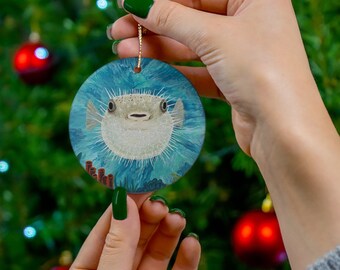 Blowfish Puffer Fish Ceramic Ornament, Christmas Ornament Decoration, Gift For Mom, Fisherman Ornament