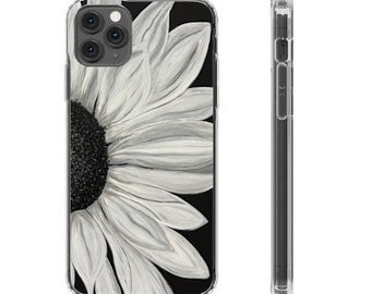 Cell Phone Case, iPhone 11 12 13 pro max, Black and White Sunflower