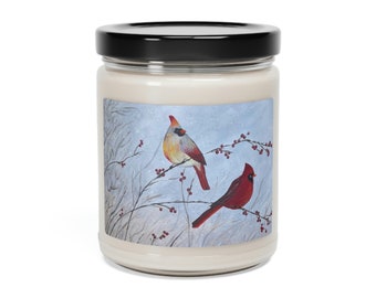 Cardinal Soy Candle 9oz, cardinal painting, art, original design, gift for her, apple scented candle, teacher gift idea, Christmas gift